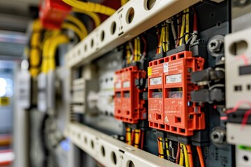 Industrial electrical panel with circuit breakers and wiring