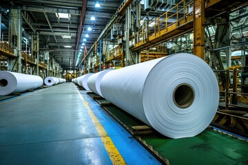 Obraz premium Industrial paper rolls in a manufacturing plant warehouse