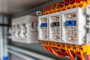 Industrial electrical panel with circuit breakers and wiring