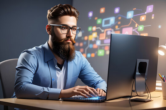 Transparent PNG is available. The programmer or coder is working on the computer. Beard is a handsome man programming in HTML and Python.