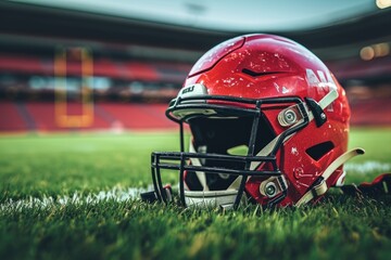 Fototapeta premium American football helmet on the pitch in stadium