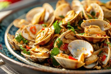 Spicy stir fried clams on a plate - obrazy, fototapety, plakaty