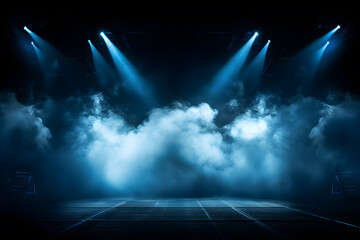 dark blue background, spotlight stage scene with smoke - obrazy, fototapety, plakaty