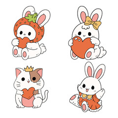 Cute cartoon illustration of animal, Rabbit and cat character cartoon, Vector illustration.
