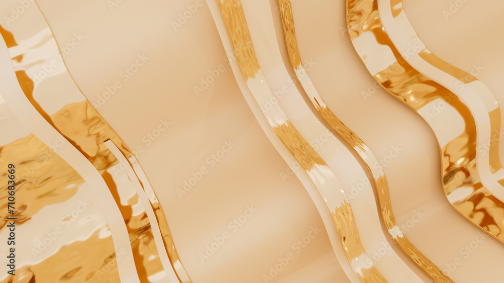 Poster 3d abstract peach and golden retro ribbons or lines. beige background. 3d rendering
