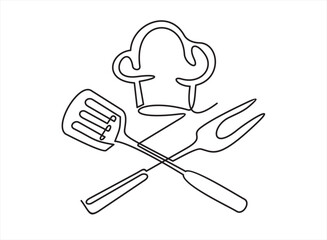 Continuous one line drawing of a bbq fork and spatula. Barbeque fork and spatula isolated on a white background. Vector illustration