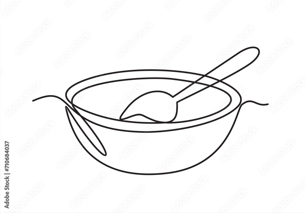 Fototapete continuous one single line of a soup with spoon food concept in silhouette on a white background. li