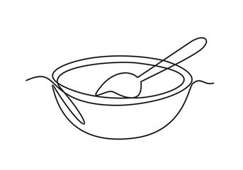 Continuous one single line of a soup with spoon food concept in silhouette on a white background. Linear stylized.