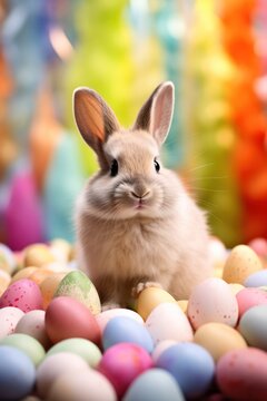 A delightful rabbit sits amidst a bed of pastel easter eggs against a backdrop of vivid colors