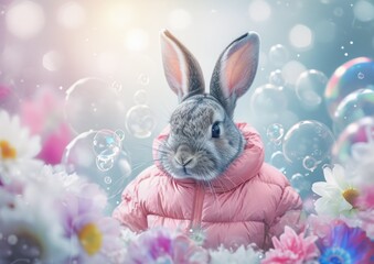Fototapeta na wymiar A cute rabbit dressed in a pink puffer jacket surrounded by bubbles and flowers