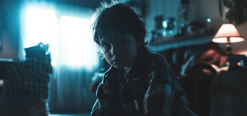 Ein trauriges Kind sitzt im dunklen Zuhause im Wohnzimmer
