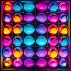 Illuminated neon-colored easter eggs placed in organized square compartments, creating a lively grid