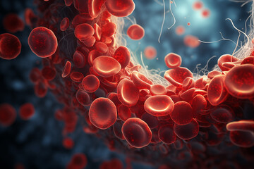 Abstract background of artery inside red blood hemoglobin molecule. Major blood cells erythrocytes. - obrazy, fototapety, plakaty
