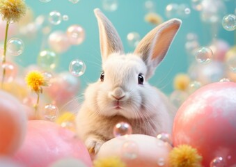 Adorable rabbit nestled among pastel-colored easter eggs with floating gentle bubbles on a bright day