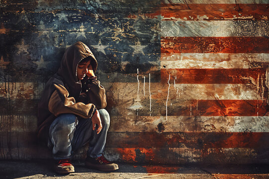 Poverty in the USA showing a homeless underprivileged teenage boy in America with a distressed flag in the background outlining how his country has abandoned him, stock illustration image 