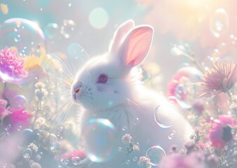 Fototapeta na wymiar A charming rabbit amidst dreamlike flowers and sparkling bubbles, capturing a sense of fantasy and wonder