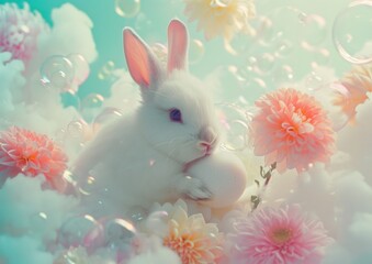 Obraz premium A delightful rabbit holding an egg, nestled in a soft pastel garden of flowers, creating a tender easter scene