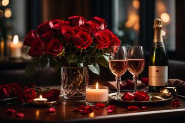Two glasses champagne and candle on the table of Valentines Day
