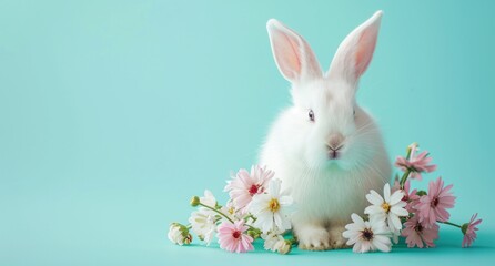 Obraz premium A pure white rabbit sitting among soft pink and white flowers, contrasted with a calm turquoise background