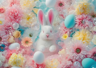 A pristine white bunny sits nestled in a colorful and textured bed of easter eggs and flowers