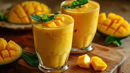 Mango lassi with mint and mango ice cubes, refreshing traditional Indian yogurt fruit smoothie drink for summer heat