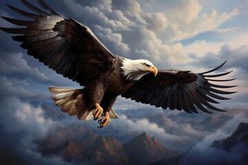 A majestic bald eagle soaring high in the sky, wings spread wide against a backdrop of clouds.