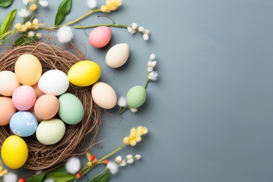 Softly colored pastel easter eggs nestled inside a natural bird's nest on a cool grey background convey a sense of spring renewal