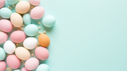 A collection of pastel-colored easter eggs arranged on a soft light blue background with space for text