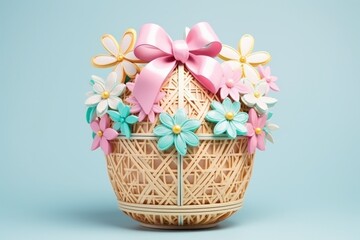 Fototapeta na wymiar Charming wicker easter basket decorated with a pink bow and spring flowers against soft blue