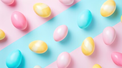 Shiny, candy-colored easter eggs arranged in a diagonal pattern on a split pastel pink and blue background