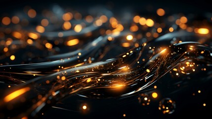 Abstract Golden Wave with Glowing Particles on Dark Background


