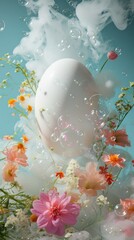 White egg accompanied by vivid flowers set in a picturesque misty scene conveying tranquility