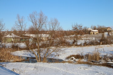 A snowy landscape with trees and buildings