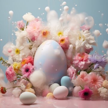 A fantastical representation of colorful eggs amidst flowers captured in a soft, ethereal mist
