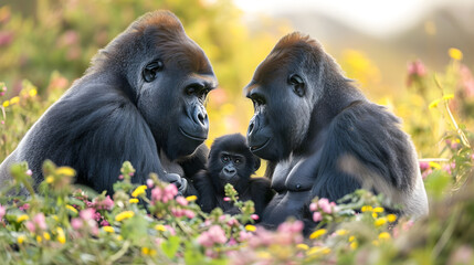 two, male and female, A family of gorillas peacefully interacting in their natural habitat, highlighting their strong social bonds