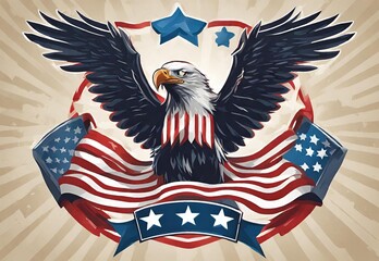 A patriotic Memorial Day illustration featuring symbols such as the American flag, eagles, and military emblems.