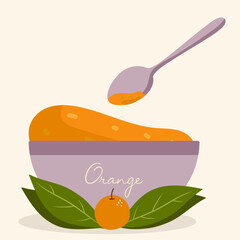Flat Design Illustration with Orange Jam at Plate and Spoon