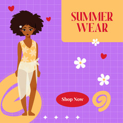 Swimwear. Girl dressed in trendy swimsuit standing. Girl power concept. Female cartoon character. Vector.