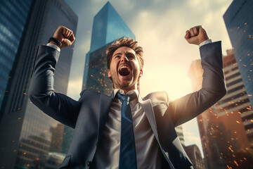 A triumphant businessman raising his arms in celebration after achieving a major milestone, representing the joy of success and overcoming challenges. - obrazy, fototapety, plakaty
