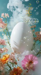 A mystical egg surrounded by delicate flowers and floating bubbles amidst swirls of smoke