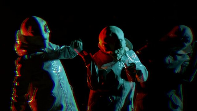Futuristic alien dancing on stars space, sky backdrop. Funny meme footage of humanoid on neon extraterrestrial planet masquerading as human person in smooth raincoat. UFO, fiction concept.
