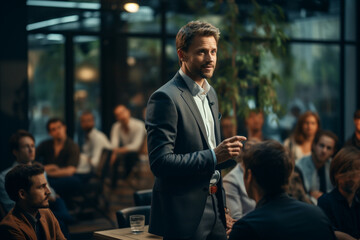 A businessman confidently leading a negotiation session, showcasing strategic thinking and effective communication skills essential for successful business deals. - obrazy, fototapety, plakaty