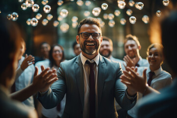 A successful businessman leading a team-building exercise, fostering a positive and motivational work environment to drive collective success. - obrazy, fototapety, plakaty