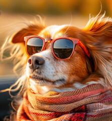 dog in a convertible with sunglasses and scarf