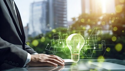 Human interaction of advanced technology based on AI hologram with greenery city concept, eco-friendly city with hologram network light bulb screen icons for energy source renewable.