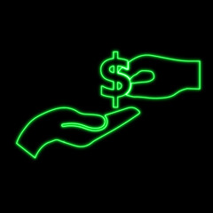 Obraz premium neon glowing Money exchange icon. Two hands giving money with one hand taking money with other hand