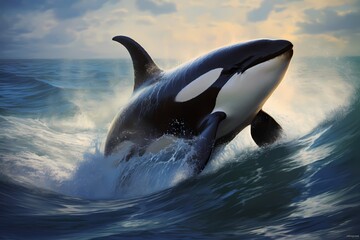 A majestic orca breaching the surface of the ocean, water cascading off its powerful form.