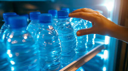Hand  taking out a water bottle or mineral water from refrigerator or a fridge on hotel or bed room or supermarket. Drinking water is beneficial to health.  - obrazy, fototapety, plakaty