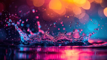 Water splashes against a vibrant neon light background, creating a visually stunning and dynamic fusion of liquid and color