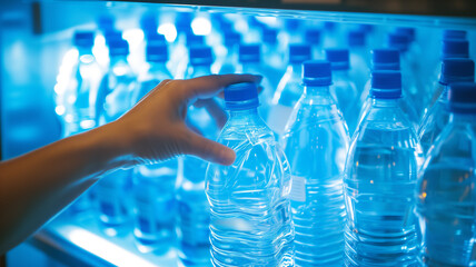 Hand  taking out a water bottle or mineral water from refrigerator or a fridge on hotel or bed room or supermarket. Drinking water is beneficial to health. 